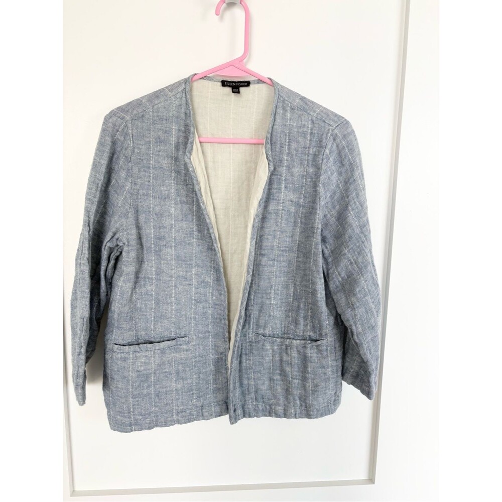 Eileen Fisher Organic Linen Blend Striped Open Front Jacket Cardigan S